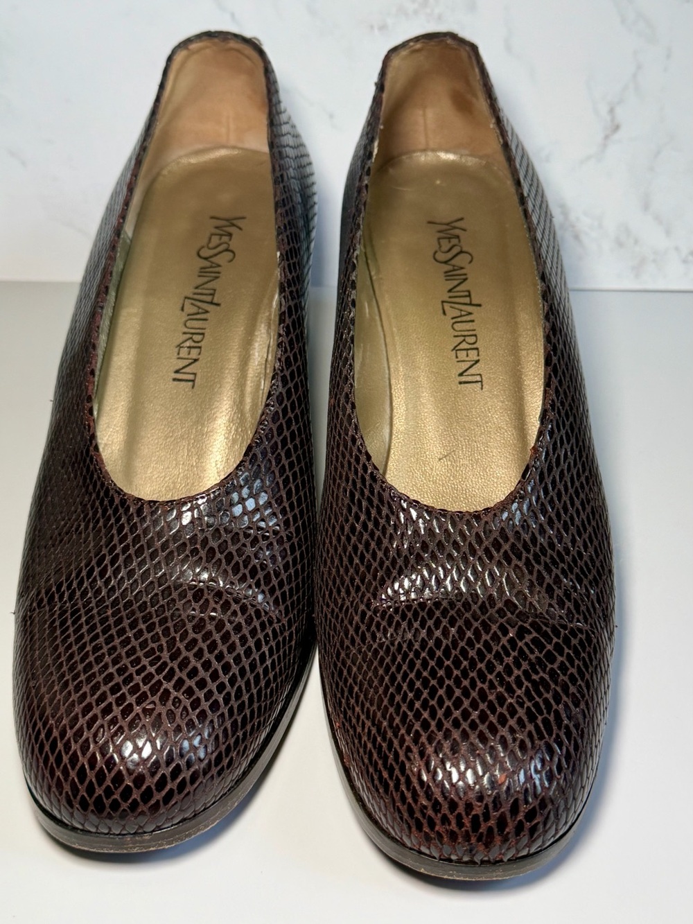 Yves Saint Laurent Brown Embossed Leather Pumps Size 8 Made in Italy Block Heel